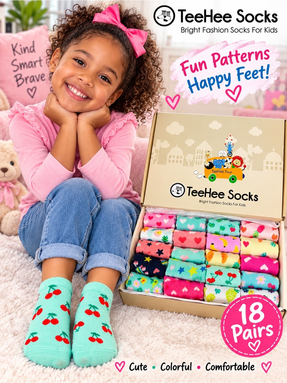 Teehee Girls 18-Pack Colorful Variety Box Ankle Socks - NEW Age 6-8